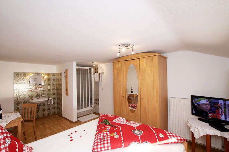Room with double bed, wardrobe, shower and washbasin, TV in the Pfandlhof